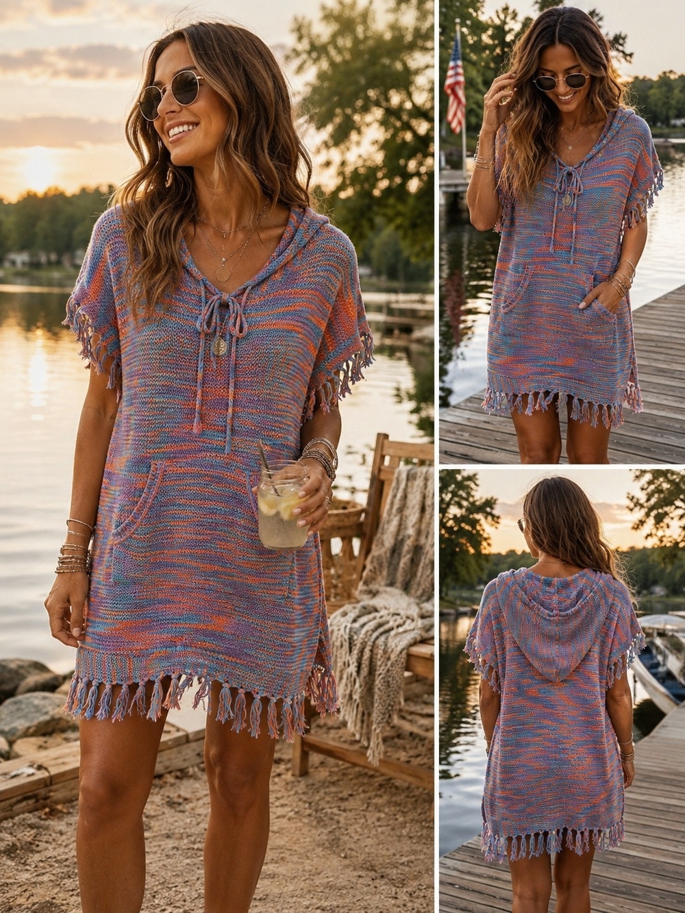 American Rag Multicolor Purple-Blue-Orange Hooded Fringe Cover-Up